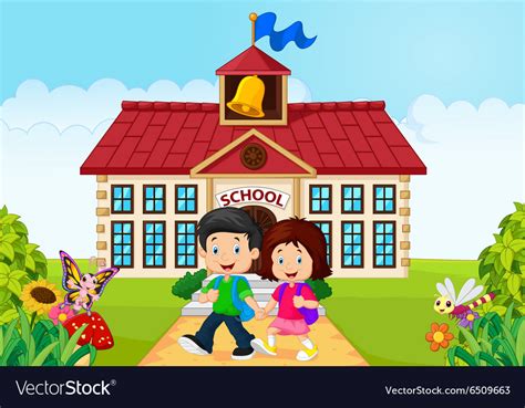 Cartoon little children leaving school Royalty Free Vector