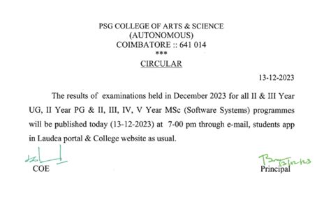 PSG College Arts and Science Results 2024 Published (28th Dec) www ...