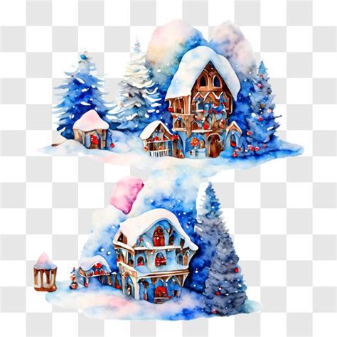 Download Snowy Village Watercolor Paintings for Festive Decor PNGs Online - Creative Fabrica