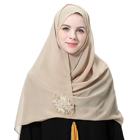 Muslim Women Chiffon Scarf Head Wrap Islamic Beaded Hijab Shawl Amira ...