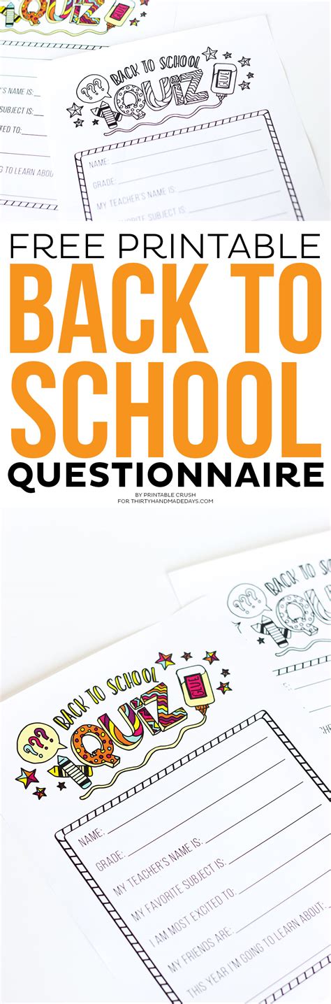 FREE Printable Back to School Questionnaire - Thirty Handmade Days