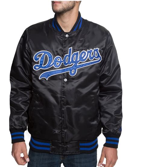 Starter Satin Bomber Blue Patches LA Dodgers Black Jacket - Jackets Masters