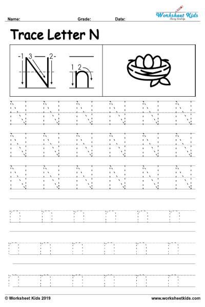 Letter N alphabet tracing worksheets - Free printable PDF