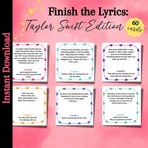 Taylor Finish the Lyrics TS Party Games Music Lyrics Game - Etsy in ...