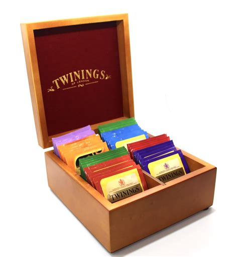 Twinings Tea Chest Box 4 Compartment, Oak Wood Finish, Red Velvet inside, comes with 40 Twinings ...