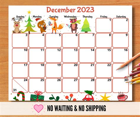 EDITABLE December 2023 Calendar Printable Kids Calendar 2023 - Etsy Finland