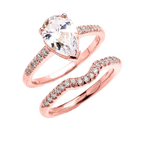 Rose Gold Dainty Pear Shape Cubic Zirconia Solitaire Wedding Ring Set