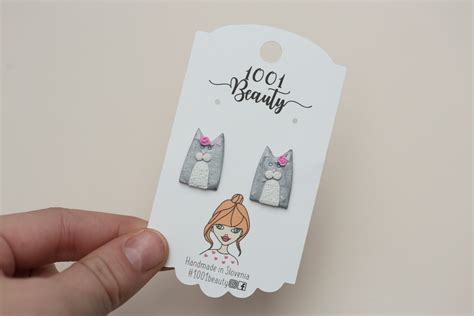 Cat Earrings Polymer Clay Fimo Stud Handmade Jewelry Cute Woman Gift Colorful Turquoise Animal ...