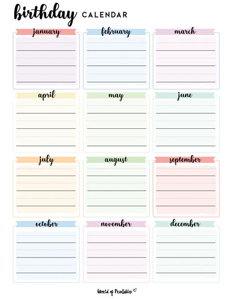 Printable Birthday List Template