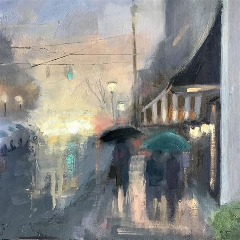 oil painting by Jacki Newell Cityscape Foggy Evening 8x8 Downtown, rainy street scene ...