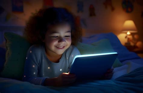 Premium AI Image | Joyful Child Reading Tablet Under Night Lights