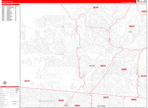 Roseville California Zip Code Wall Map (Red Line Style) by MarketMAPS