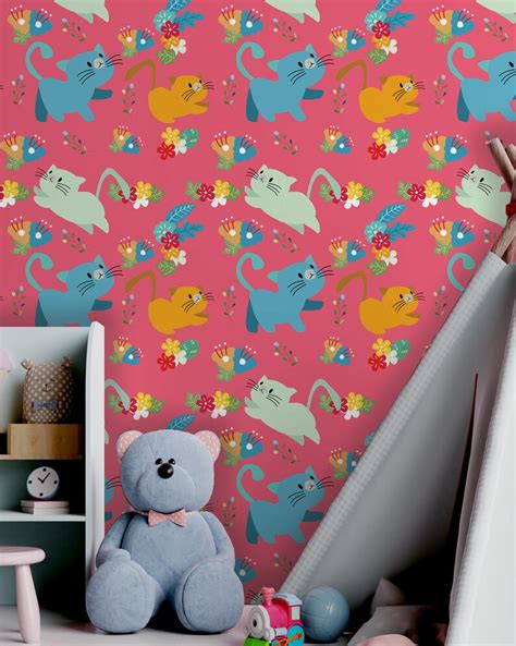 Vivid Pink Wallpaper With Colorful Cute Cat Pattern for - Etsy