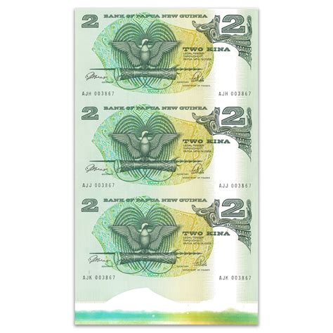 Papua New Guinea 1975 PNG 2 Kina Strip of 3 Uncut Paper Banknotes