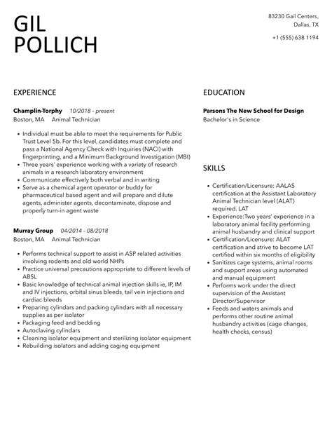 Animal Technician Resume Samples | Velvet Jobs