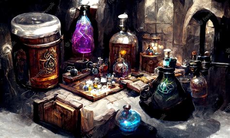 Premium Photo | Alchemist table production of magical potions and ...