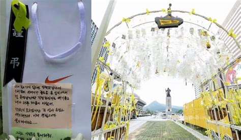 A visitor at the Sewol Ferry Memorial leaves a 'Nike' gift after hearing a heartbreaking story ...