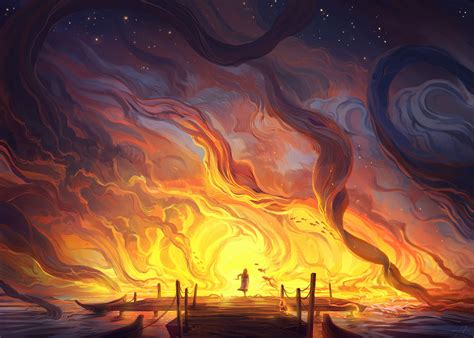 Fantasy Art Sea Fire Smoke Women Fish Pier Stars Boat Water Wallpaper ...