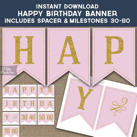 Printable Pink & Gold Birthday Banner