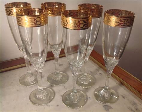 Proantic: 6 Champagne Flutes In Crystal And Fine Gold Frieze 21 Cm