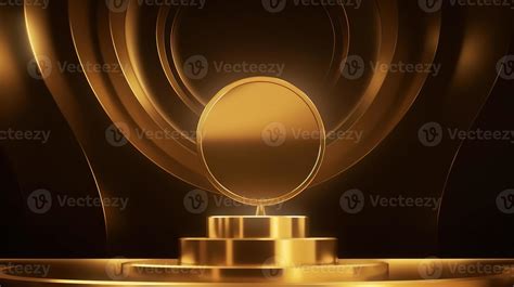 Golden podium with round frame on black background. Award ceremony ...