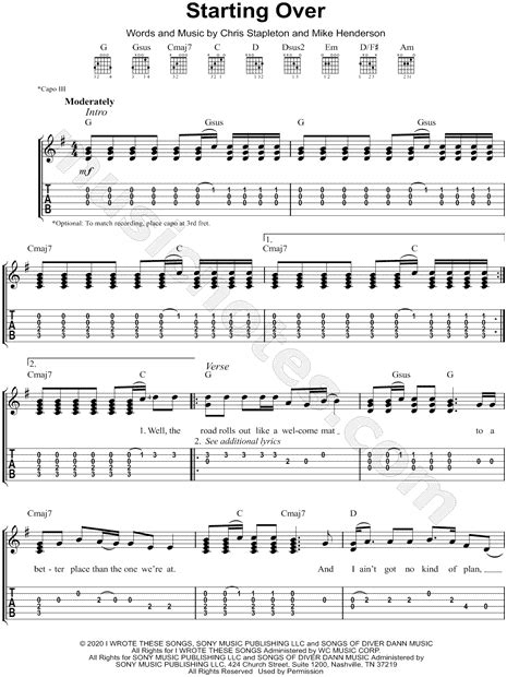 Chris Stapleton "Starting Over" Guitar Tab in G Major - Download & Print - SKU: MN0233716