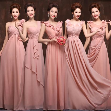 2015 new 5 styles long chiffon old rose pink blush bridesmaid dress wedding prom party dress ...