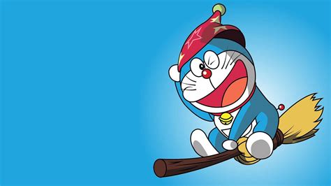 Download Gambar Doraemon Flying On Broom Wallpaper | Wallpapers.com