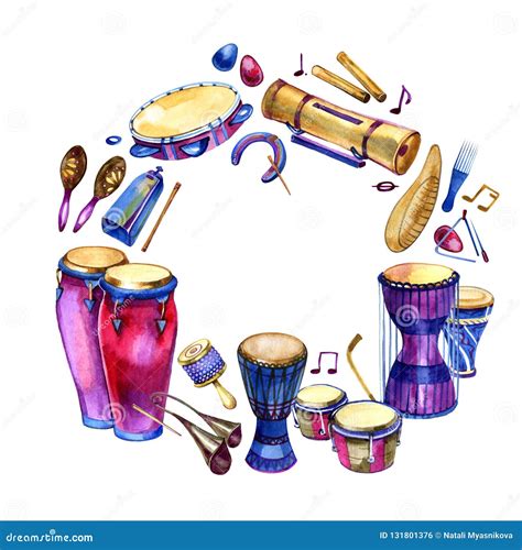 Percussion Instruments. Circle Filled with Hand Drawn Doodles of Ethnic ...