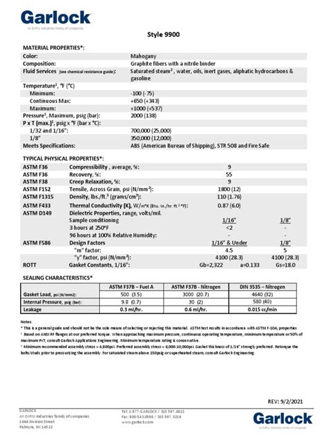 Garlock Style 9900 Spec Sheet - (NA) 2021-09 EN | PDF | Materials | Chemistry