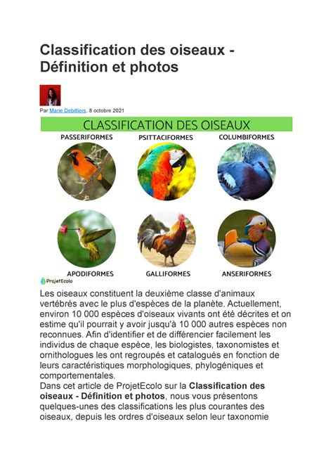 Classification des oiseaux - 8 octobre 2021 Les oiseaux constituent la deuxième classe d'animaux ...