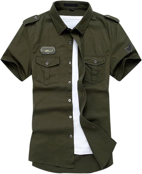 Men's Short Sleeve Military Button Down Cargo Shirt - Green - Large: Amazon.co.uk: Clothing