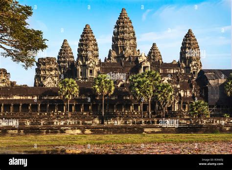 Siem Reap, Cambodia. Ancient ruins and towers of the Angkor Wat temple ...