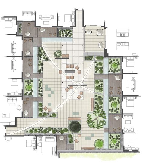 Intensive Residential Green Roof: Rendered Roof Garden Plan Architecture Courtyard, Diagram ...