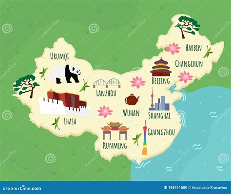 Cartoon Map of China. Travel Illustration with Chineese Landmarks, Buildings, Food and Plants ...