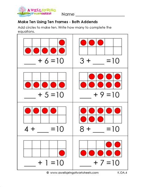 Adding Using 10 Frames Worksheets