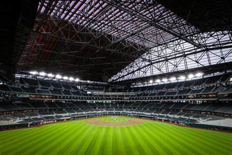 Globe Life Field - Home of the Texas Rangers - Layered Wooden Ballpark with City Skyline - www ...