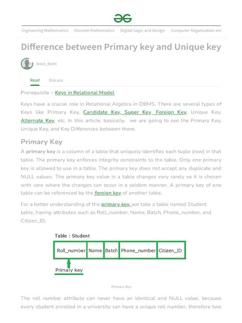 Difference Between Primary Key and Unique Key - GeeksforGeeks | PDF