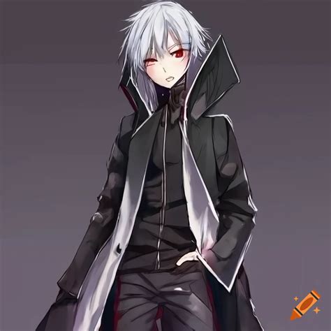 Anime style, boy with white hair and red eyes, with a smirk, wearing shiny black coat with cape ...