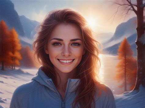 a painting of a woman in the snow with trees and mountains behind her, smiling at the camera
