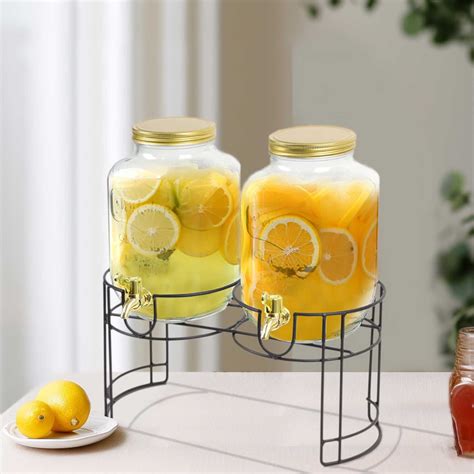 2 Pack Clear Dual Gallon Glass Beverage Dispenser Stand With Gold Metal Lids, Juice Jars With ...