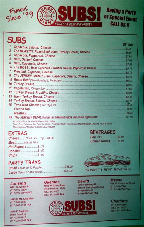 Jersey Giant Subs! Menu, Menu for Jersey Giant Subs!, Charlotte, Lansing - Urbanspoon/Zomato