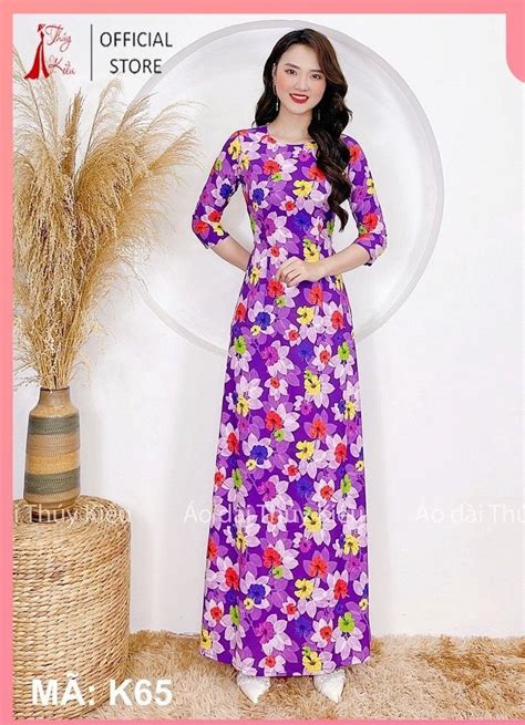 Áo dài nữ may sẵn hoa nhí thiết kế đẹp cách tân tết màu tím, Thuy Kieu Ao Dai wi - Dresses