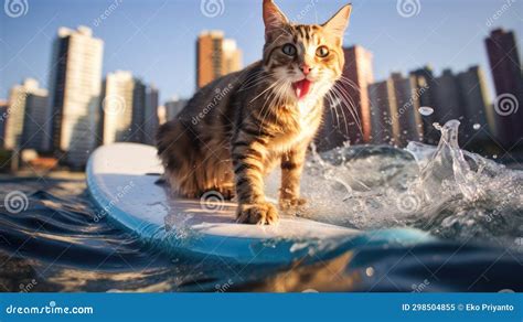 Cute Cat Surfing on a Surfboard in the Ocean Stock Illustration ...