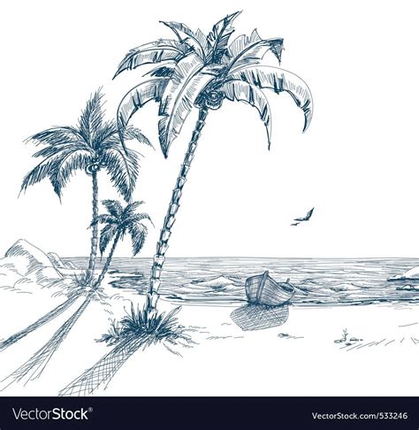 Summer beach with palm trees, seagulls and boat on shore; hand drawn vector. Download a Free ...