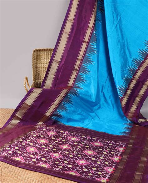 Blue plain design ikkat silk saree, contrast vidarbha kanchi zari border & pallu of intricate ...