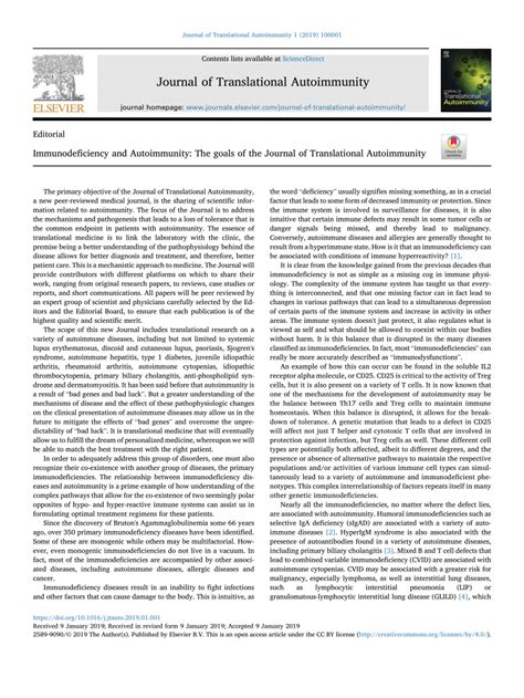 (PDF) Immunodeficiency and Autoimmunity: The goals of the Journal of Translational Autoimmunity