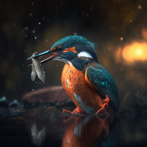 Common European Kingfisher river kingfisher flying after emerging from water with caught fish ...