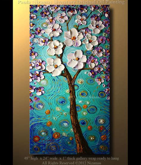 Modern Abstract 48" x 24" Oil Painting Modern Palette Knife Oil Cherry Blossom Tree Impasto ...