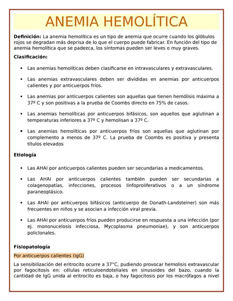 Anemia Hemolítica resumen - ANEMIA HEMOLÍTICA Definición: La anemia ...